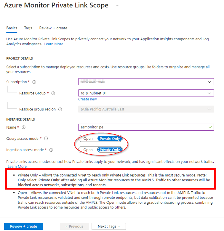 Azure Monitor Private Link Scope creation process and settings